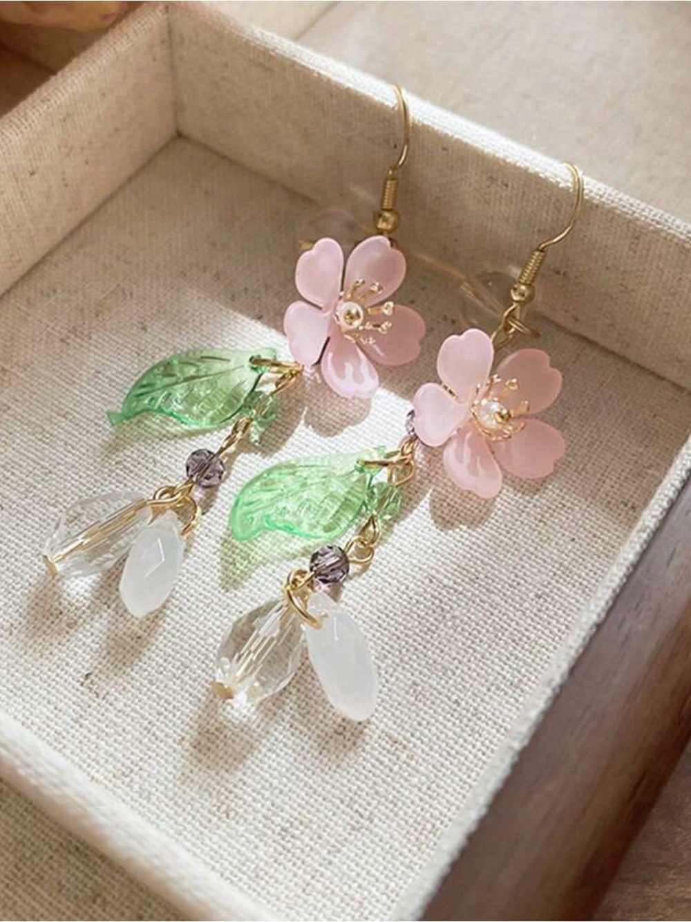 Delicate Pink Flower & Green Leaf Dangle Earrings - Women Jewelry